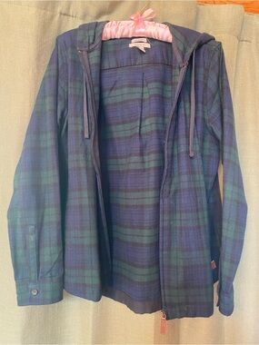 L.L. Bean Dark Green and Navy Plaid Jacket with Leather Zipper Pull